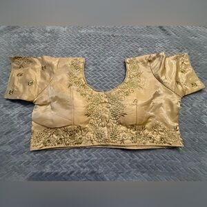Golden Indian crop top blouse saree, sari, chaniya choli